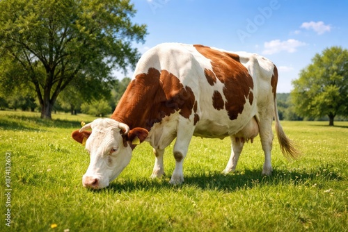 Relaxed pet cow grazing contentedly on a green grass lawn beneath a clear and bright summer sky © TheWaterMeloonProjec