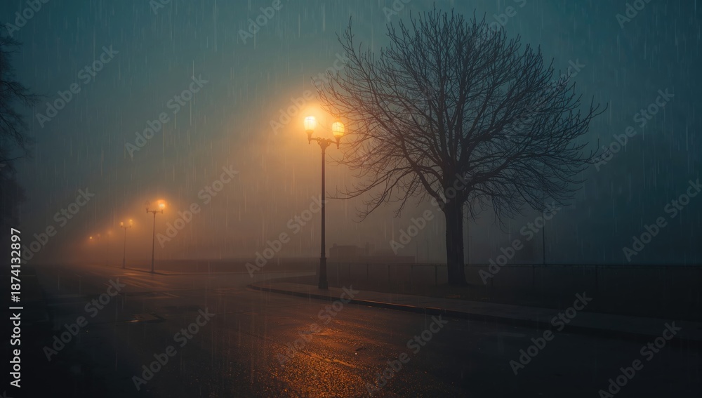 Obraz premium Deserted urban roads during rainfall, highlighting solitude and weather impact