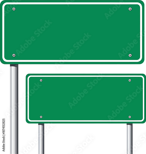 Blank Green Road Signs With Metal Posts Ready For Text