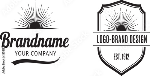 Set of two vintage sunburst logo templates for branding and design projects, ideal for retro company emblems and classic label creation