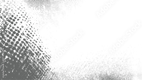 Abstract monochrome background with a diagonal pattern of halftone dots on the left and a fine speckled texture on the right