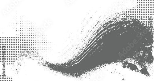 Abstract textured background with a dynamic grey brush stroke and scattered halftone dots creating a sense of movement and artistic expression