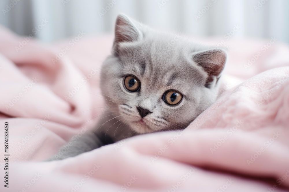 Obraz premium Gray fluffy domestic kitten relaxing in soft pink bedding