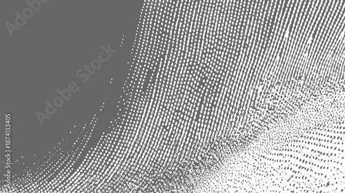 Monochrome abstract background featuring a gradient of white dots on a grey surface, creating a textured and visually engaging pattern with a sense of depth and detail
