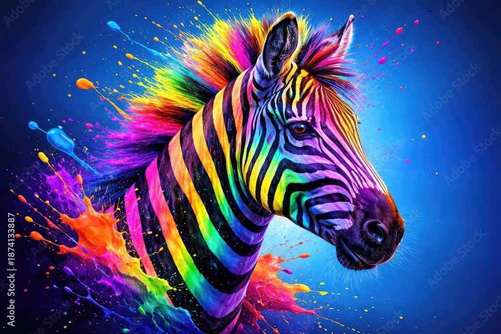 Fototapeta premium Colorful neon zebra head art with vivid paint splashes over a smooth blue background