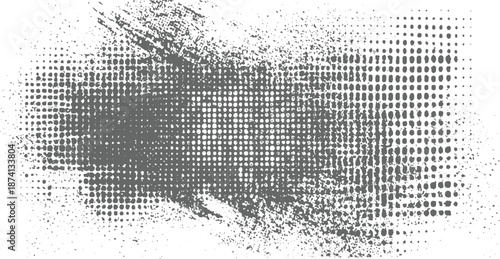 Abstract distressed halftone pattern with grunge brush stroke effect and scattered dots creating a textured monochrome background for