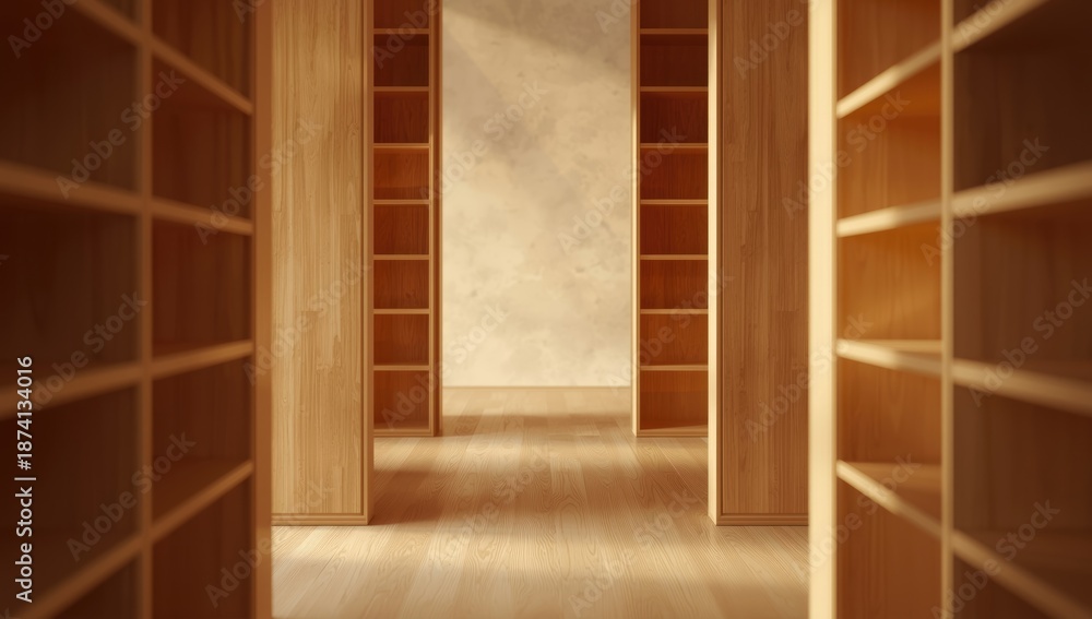 Naklejka premium Oak veneered MDF wooden bookcases and wall panels, used in modern room furnishings