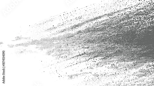 Dynamic abstract grayscale composition featuring a radiating pattern of dots and textured lines creating a sense of speed and motion