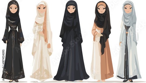 Isolated a kinds of deferent Muslim women dress vector art with white background.