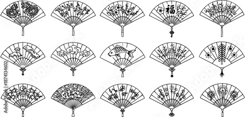 Traditional Japanese and Chinese Hand Fans Outline Vector Collection