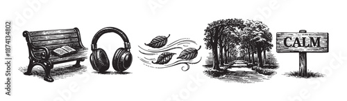 A vintage woodcut style illustration features a park bench, headphones, falling leaves, a tree-lined path, and a sign reading "CALM" to evoke a sense of peace and nature.