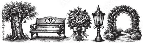 A detailed black and white engraving featuring classic garden elements including a large tree with a heart carving, a park bench, a rose bouquet, a lamppost, and a floral archway.