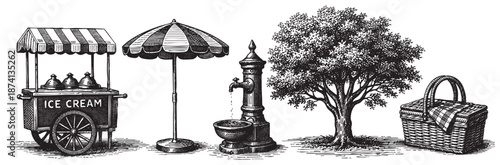 A charming vintage illustration depicts an outdoor scene with an ice cream cart, striped umbrella, ornate water fountain, leafy tree, and a wicker picnic basket.