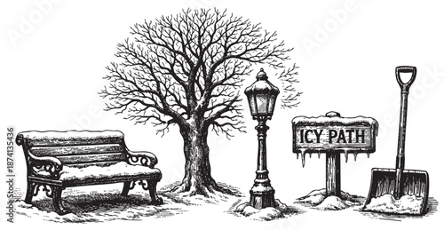A charming vintage illustration depicts a snow-covered park bench, bare tree, lamppost, and shovel next to an "Icy Path" sign, evoking a cold winter scene.