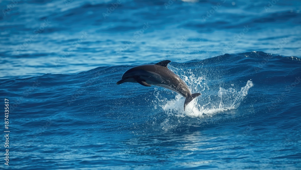 Naklejka premium Dolphin jumping from the ocean surface, showcasing agility in a natural marine environment