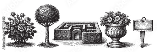 A monochrome etching style illustration displays classic garden elements including roses, a topiary tree, a hedge maze, a flower urn, and a wooden signpost on a white background.