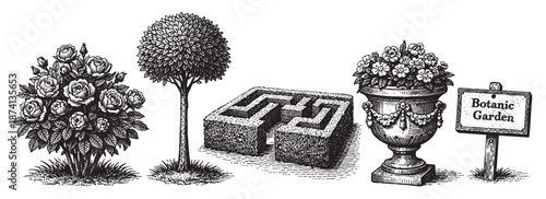 This vintage-style engraving features a collection of garden elements including roses, a topiary tree, a hedge maze, and a planter, perfect for projects evoking nature and classic design.