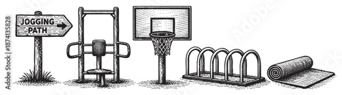 A vintage sketch depicts a collection of outdoor fitness equipment including a jogging path sign, exercise machine, basketball hoop, and yoga mat on a white background.