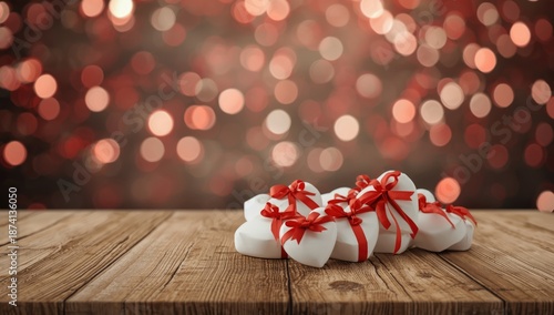 Wallpaper Mural Holiday setting featuring white heart-shaped presents with red bows on a rustic table, emphasizing romantic gift display Torontodigital.ca