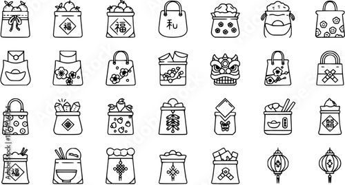 Chinese New Year Gifts and Traditional Celebration Icons Set - Outline Vector Graphics