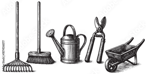 Black and white woodcut illustration of a collection of vintage gardening tools, including a rake, broom, watering can, shears, and wheelbarrow, arranged on a white background.