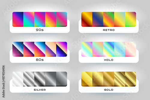 A comprehensive collection of diverse color gradients showcasing retro, modern, holographic, and metallic styles for digital design projects