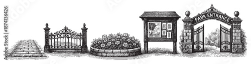 An artistic black and white illustration depicts a vintage park entrance featuring a stone pathway, ornate gate, flowerbed, and an information board under a grand archway.