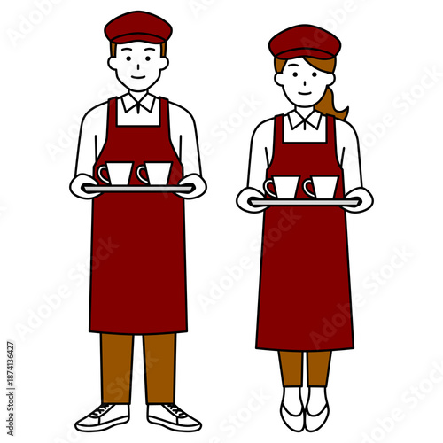 コーヒーを運ぶフェの男女の店員（全身）