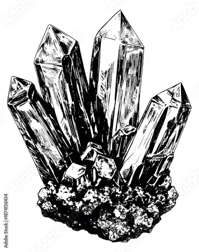 Hand drawn line art illustration of a crystal cluster depicting a natural formation for geology and mysticism concepts