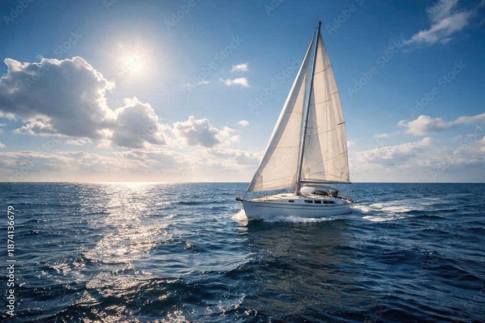 Obraz premium Sailboat cruising across endless ocean beneath clear blue sky and clouds