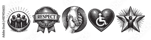 A collection of black and white engraved style icons representing diversity, inclusion, respect, and success, perfect for symbolizing unity and support.