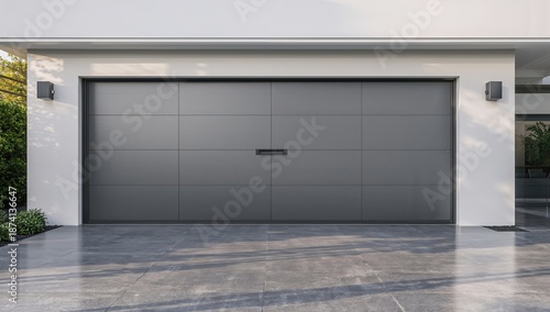 Gray garage door on a residential property, emphasizing home exterior and architectural design
