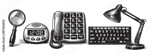 A black and white illustration of vintage office desk objects including a magnifying glass with a fingerprint, a digital alarm clock, a rotary phone, a keyboard, and a desk lamp, arranged linearly.