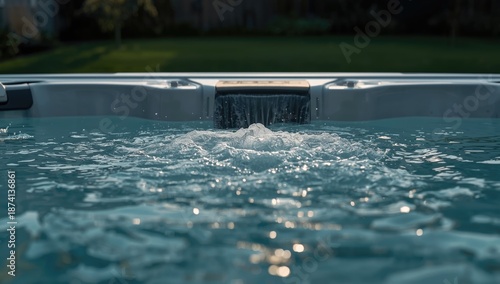 Wallpaper Mural Close-up of hot tub jacuzzi fountain and skimmer in a contemporary backyard, focusing on spa system upkeep Torontodigital.ca