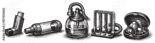 A collection of vintage medical devices rendered in a detailed engraving style on a white background, showcasing respiratory and nebulizer equipment for health and wellness themes.