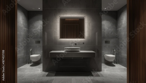 Wallpaper Mural Modern woodland hotel bathroom featuring sleek grey tiles and functional layout Torontodigital.ca