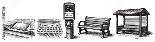 This black and white engraving depicts essential urban pedestrian elements, including tactile paving, a push to walk button with a handicap symbol, a park bench, and a bus stop shelter.