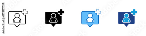 Follower Multiple Style Icon Design Vector - User profile with plus symbol inside a chat bubble, representing audience growth, connection, and subscription