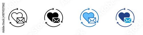 Engagement Multiple Style Icon Design Vector - Envelope and heart with circular arrows, representing user interaction, loyalty, and response cycle