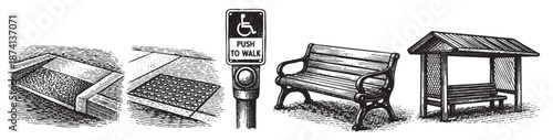 This black and white engraving depicts essential urban pedestrian elements, including tactile paving, a push to walk button with a handicap symbol, a park bench, and a bus stop shelter.
