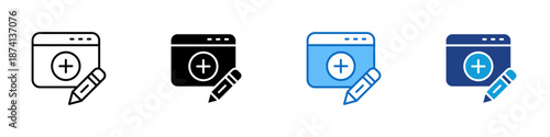 New Post Multiple Style Icon Design Vector - Browser window with plus symbol and pencil, representing content publishing, creation, and update