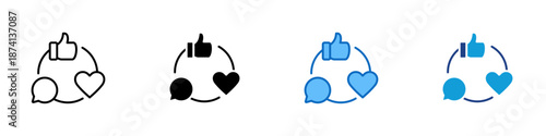 Social Interaction Multiple Style Icon Design Vector - Chat bubble, heart, and thumbs up in rotation, representing conversation, appreciation, and feedback