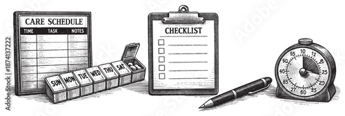 Vintage-style illustration of a care schedule, pill organizer, checklist, pen, and timer, symbolizing health management and daily routines.