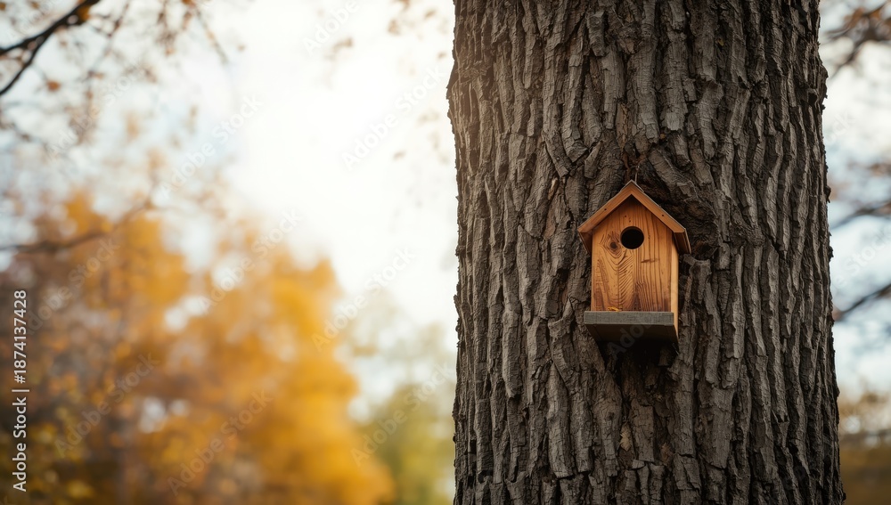 Fototapeta premium Starling sitting on a tree trunk during fall with blurred background, highlighting seasonal bird behavior