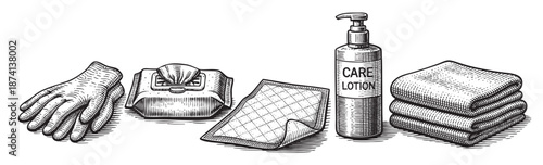 A black and white illustration depicts essential hygiene and personal care items including disposable gloves, wet wipes, a textured cloth, a lotion dispenser, and folded towels arranged on a surface.