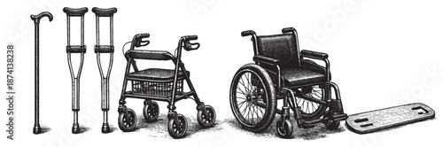 An artistic sketch displays a variety of medical mobility aids including a cane, crutches, a walker, and a wheelchair, rendered in a classic black and white etched style.