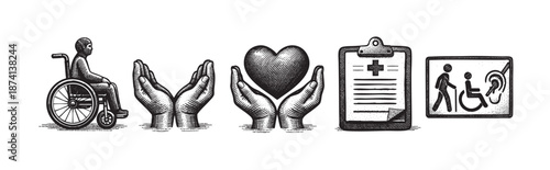 A hand-drawn banner features five distinct icons representing healthcare and accessibility, including a wheelchair, cupped hands holding a heart, a medical clipboard with a checklist.