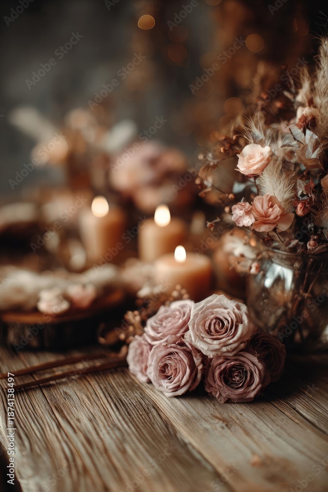 Fototapeta premium A warm still-life of pink roses and dried flowers in a vase, with glowing candles on a rustic wooden table. Concept Warm still-life, Pink roses in a vase, Dried flowers, Candlelight