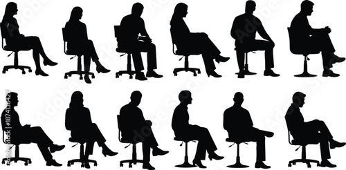 Seated business people silhouette collection showing men and women sitting on office chairs isolated black vector illustration