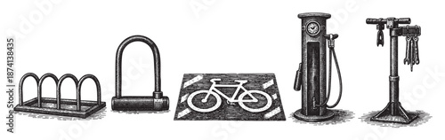 This black and white illustration depicts essential bicycle amenities including a bike rack, a U-lock, a bike lane symbol, an air pump, and a repair stand with tools.